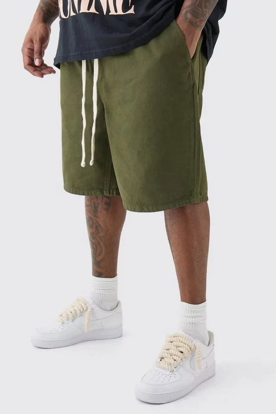 Plus Elastic Waist Drawcord Detail Slim Fit Shorts In Khaki | boohooMAN (US & Canada)
