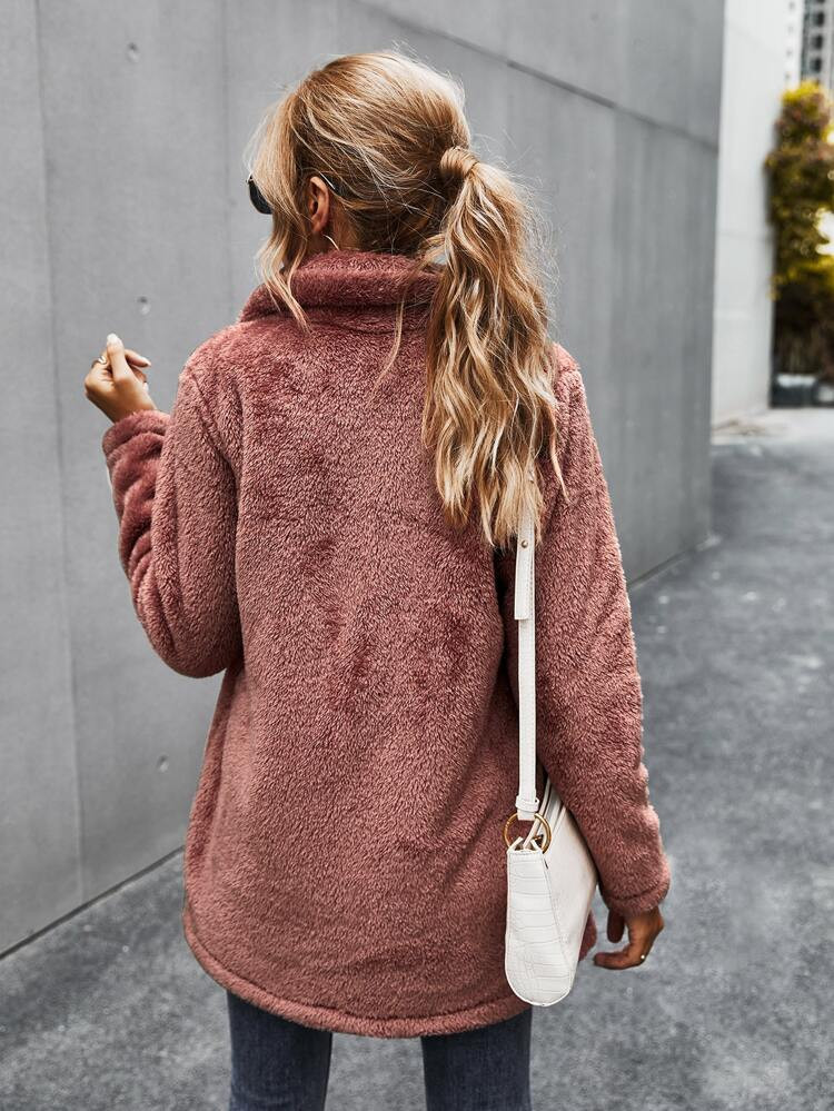 Button Front Double Pocket Teddy Coat | SHEIN