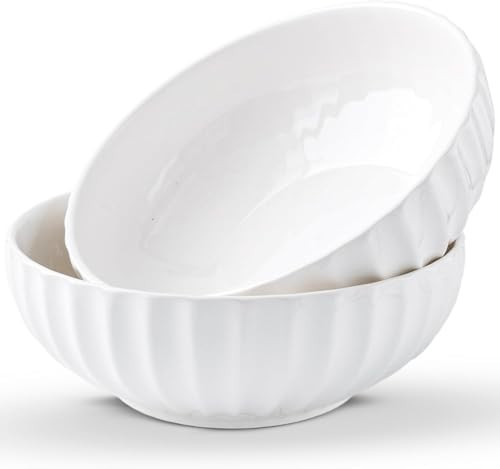 Porzelo White Serving Bowls For Entertaining - Large Salad Bowls, Ceramic Serving Dishes, Extra Large Bowl, Large Serving Bowl Set For Fruit Soup Pasta, Salad Serving Bowl, Big Salad Bowls For Eating | Amazon (US)