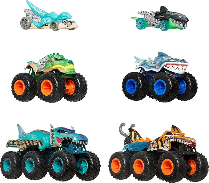 Hot Wheels Toy Cars & Monster Trucks, Sharks vs. Dinos Multipack with 2 Big Rigs, 2 1:64 Scale Mo... | Amazon (US)