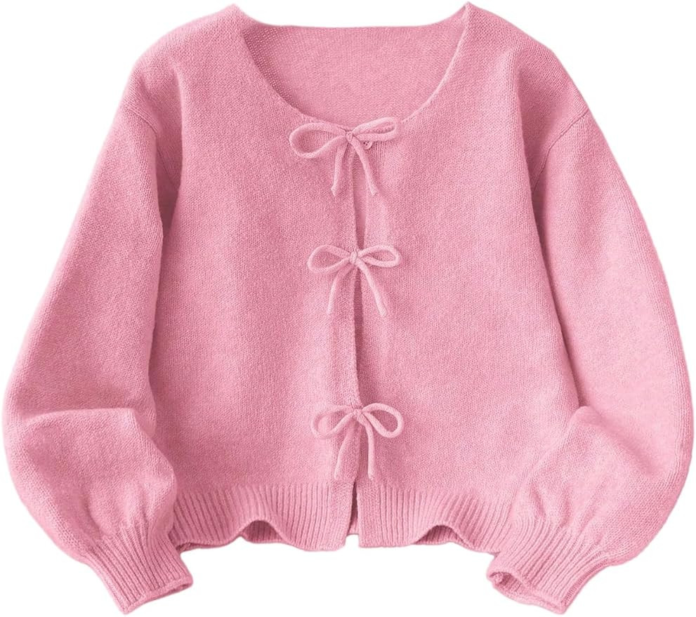 Girl's Cute Heart Print Cardigan Sweaters Bow Button Down Sweater Crewneck Cardigan Long Sleeve K... | Amazon (US)