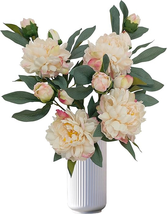 Ivory White Peonies Artificial Flowers,4 Pcs Fake Silk Peonies with Stems Real Look,Peony Bush fo... | Amazon (US)