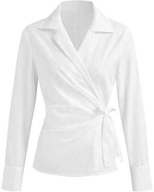 CIDER 100% Cotton Collar Solid Wrap Knotted Long Sleeve Shirt | Amazon (US)