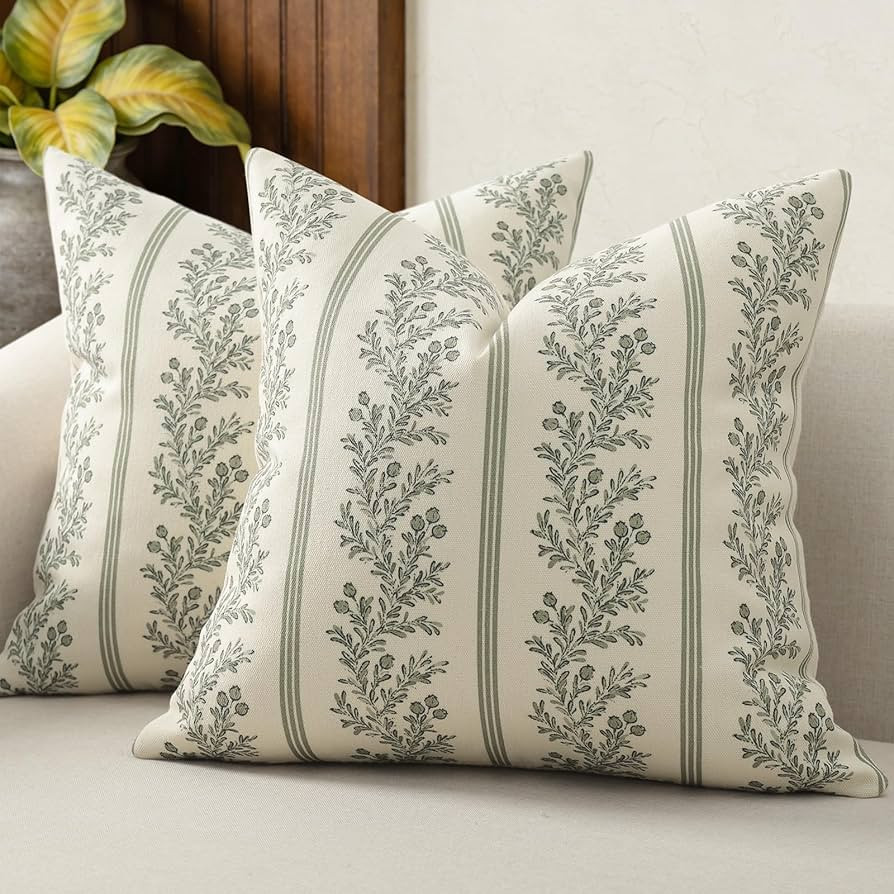 Vintage Throw Pillow Covers 20x20 Set of 2, Striped Floral Pillow Cover Botanical Patterned Decor... | Amazon (US)