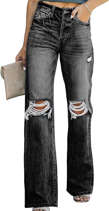 Sidefeel Women Mid Rise Distressed Flare Jeans Ripped Hole Denim Pants | Amazon (US)