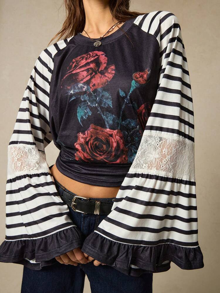 SoleilVie New Women's T - Shirt: Color - Block Splicing With Rose Print + Stripe Element + Flared Tiered Sleeves + Crew Neck Long Sleeves, Interpreting A Retro Romantic And Personalized Dressing Style | SHEIN