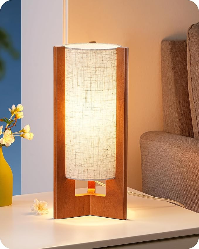 EDISHINE 13.5" Small Table Lamp, Walnut Wood Cylinder Nightstand Lamp for Bedroom, Beige Linen Sh... | Amazon (US)