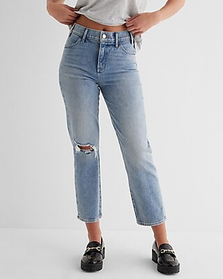 High Waisted Light Wash Ripped Straight Ankle Jeans | Express