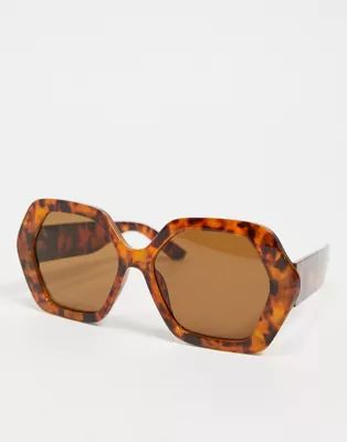 ASOS DESIGN recycled frame hexagon oversized 70s sunglasses in tort | ASOS (Global)