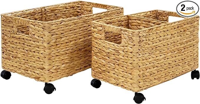 PEMAR Set 2 (different sizes nesting in a set) Natural Wicker Rolling Storage Baskets on Wheels w... | Amazon (US)