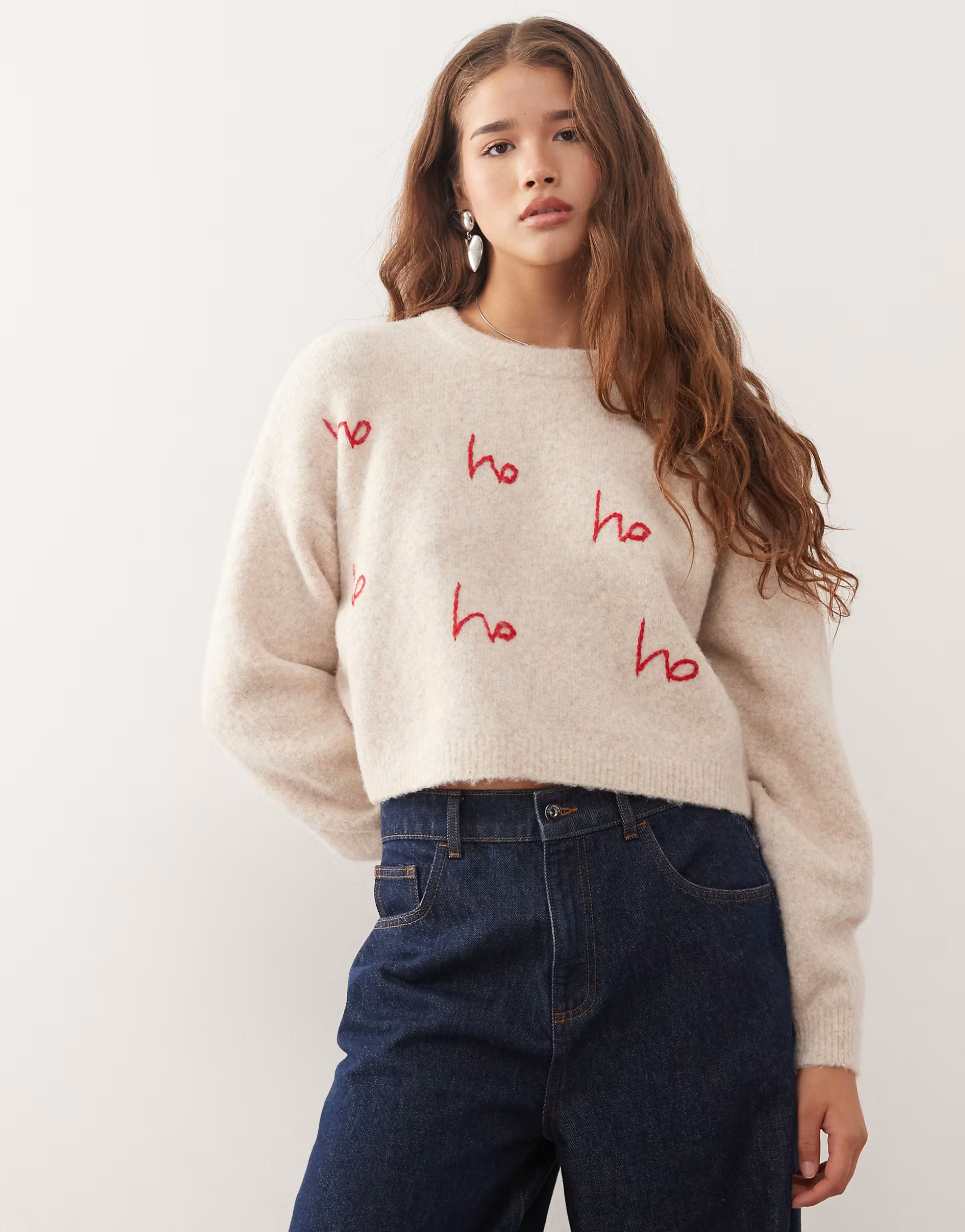 Noisy May embroidered Christmas jumper in beige | ASOS (Global)