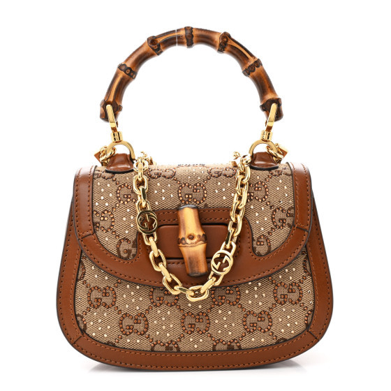 New Canvas Charisma Calfskin Crystal GG Monogram Small Bamboo 1947 Top Handle Bag Camel Ebony | FASHIONPHILE (US)