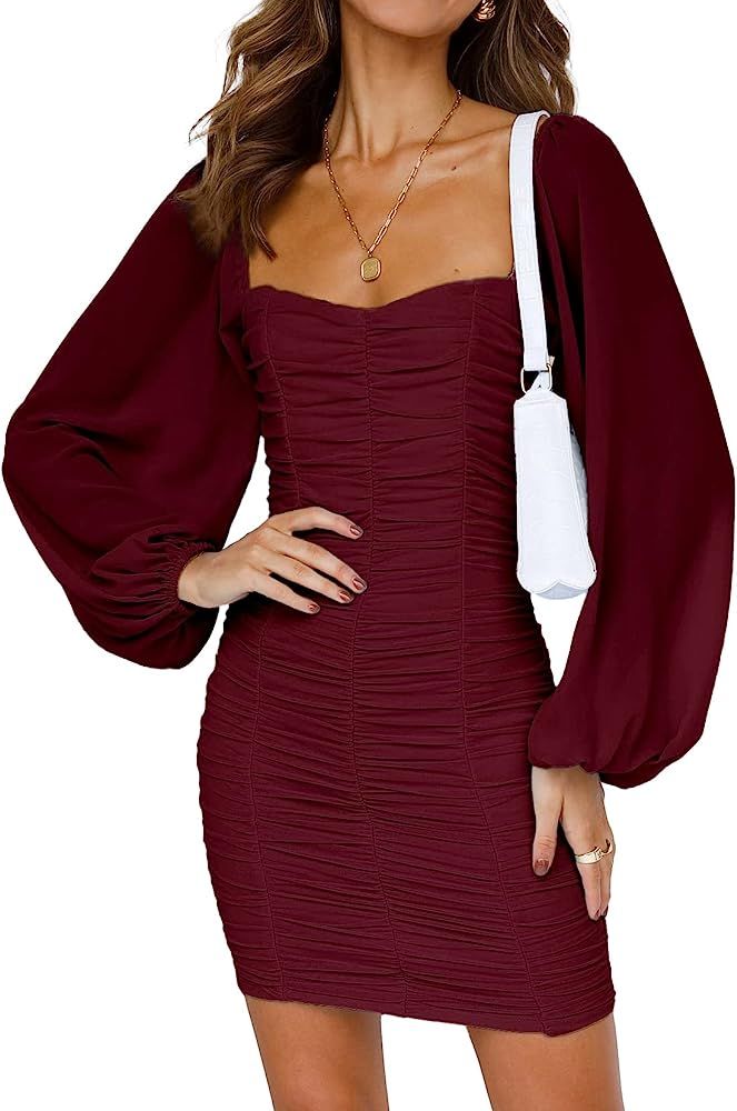 XIONGMEI Women Sexy Lantern Long Sleeve Sweetheart Neck Solid Ruched Formal Dress Knit Mesh Bodycon  | Amazon (US)
