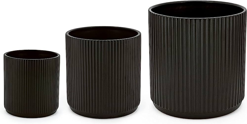 Amazon Basics Assorted Sizes Fluted Ceramic Round Planters, Set of 3, Black, 6-Inch, 8-Inch, 10-I... | Amazon (US)