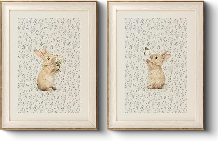 VIYYIEA Easter Bunny Framed Wall Art Set of 2, Spring Rabbit and Floral Canvas Prints for Holiday... | Amazon (US)