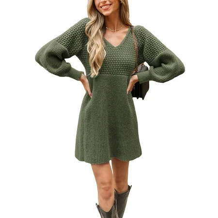 CUPSHE Women Honeycomb Knit V-Neck Mini Sweater Dress | Walmart (US)