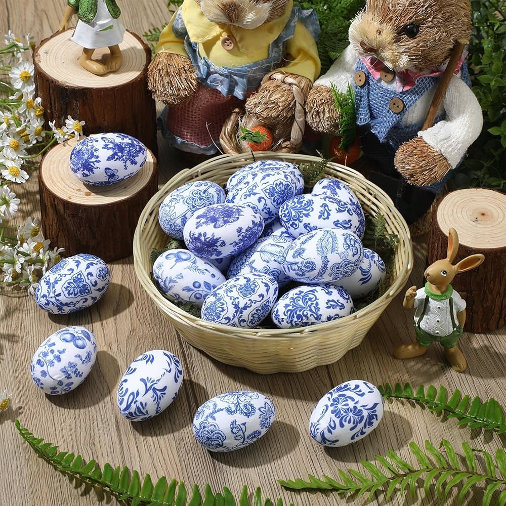 24 Pcs Easter Eggs Blue and White Chinoiserie Easter Spring Bowl Filler Decor Fabric Wrapped East... | Amazon (US)