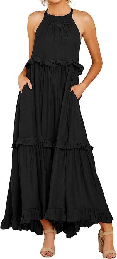 R.Vivimos Womens Summer Dress Cotton Sleeveless Halter Layered Ruffles Casual Boho Flowy Maxi Dre... | Amazon (US)