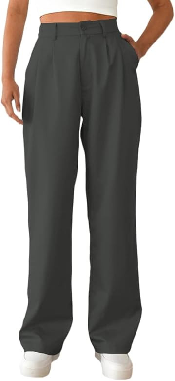 Bnycuml Women's Casual Straight Trousers High Waisted Button Work Office Dress Pants with Pockets | Amazon (US)