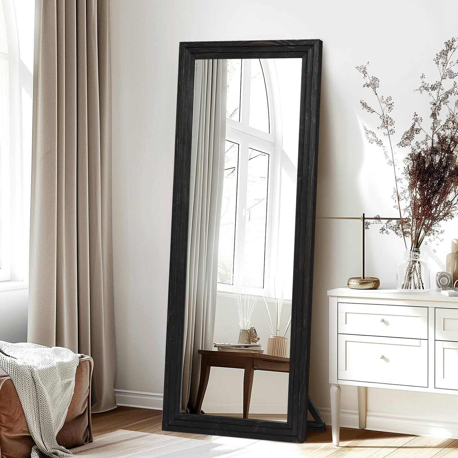 Refined Abode Design - Full Length Mirror Solid Wood Frame Floor With Stand For Living Room Bedroom Hanging Standing Or Leaning - Black 65""L x 22""W | Best Buy U.S.
