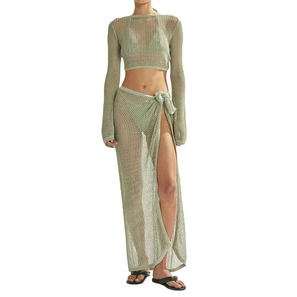 Women's Crochet Knit 2 Piece Skirt Sets Hollow Out Knitted Crop Top Long Beach Tie Wrap Skirt Set... | Walmart (US)