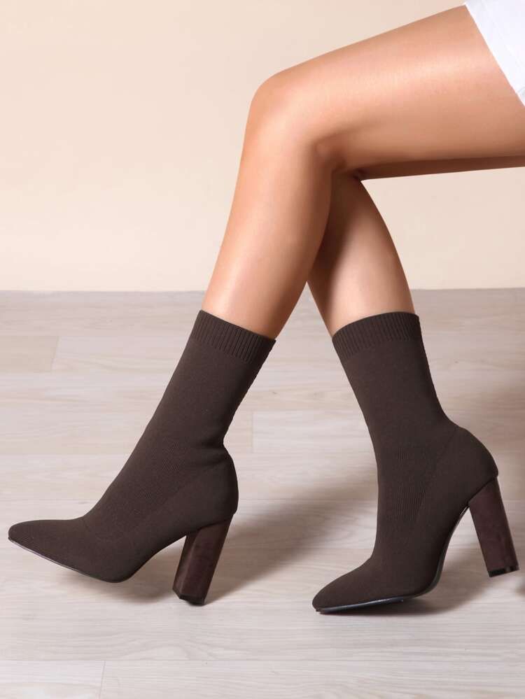 Chunky Heeled Slip On Sock Boots | SHEIN