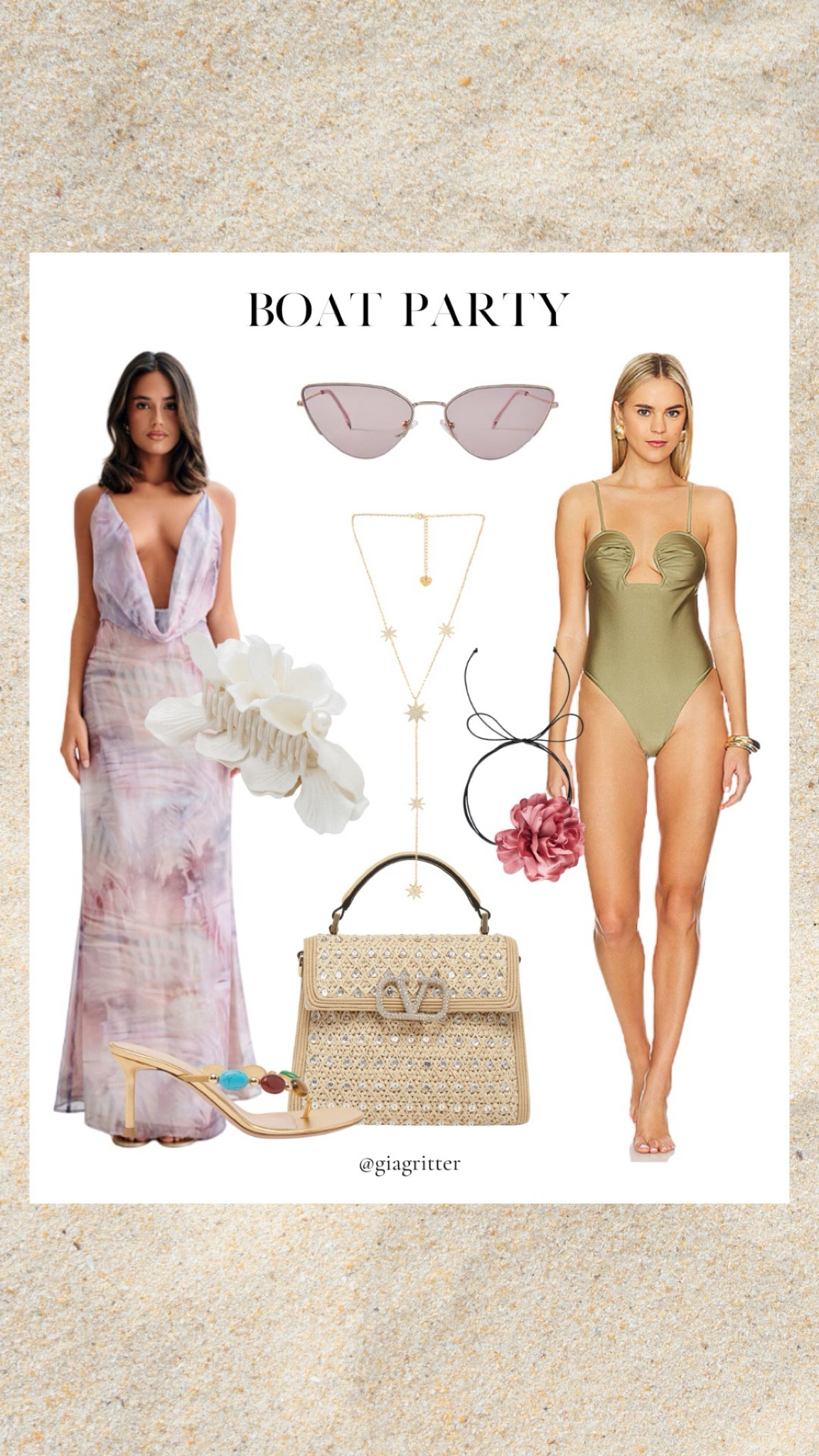 This #Cult #Gaia #one #piece #swimsuit is everything I need right now to actually move around, look good, and have fun when getting wet. 

When I’m getting some #sun, I love wearing a #plunge and #maxi dress to cover up my lower half when exposing my #skin all day. 

If it gets cold at night, I can have an #elegant #dress option too.

The #raffia by #Valentino is an extra touch of #glamour.

Not to mention the #Dime #Optics #sunglasses that are #rose #coloured with a #cat #eye for an #updated #retro feel.

#Flowers everywhere in my #necklace and #hair #clip with a #lariat #necklace to #sparkle between my plunge situation. 

#Thong #heels because #sandal format is a must on the beach unless we switch to barefoot as the night carries on.

#LTKSwim #LTKSummerSales #LTKTravel