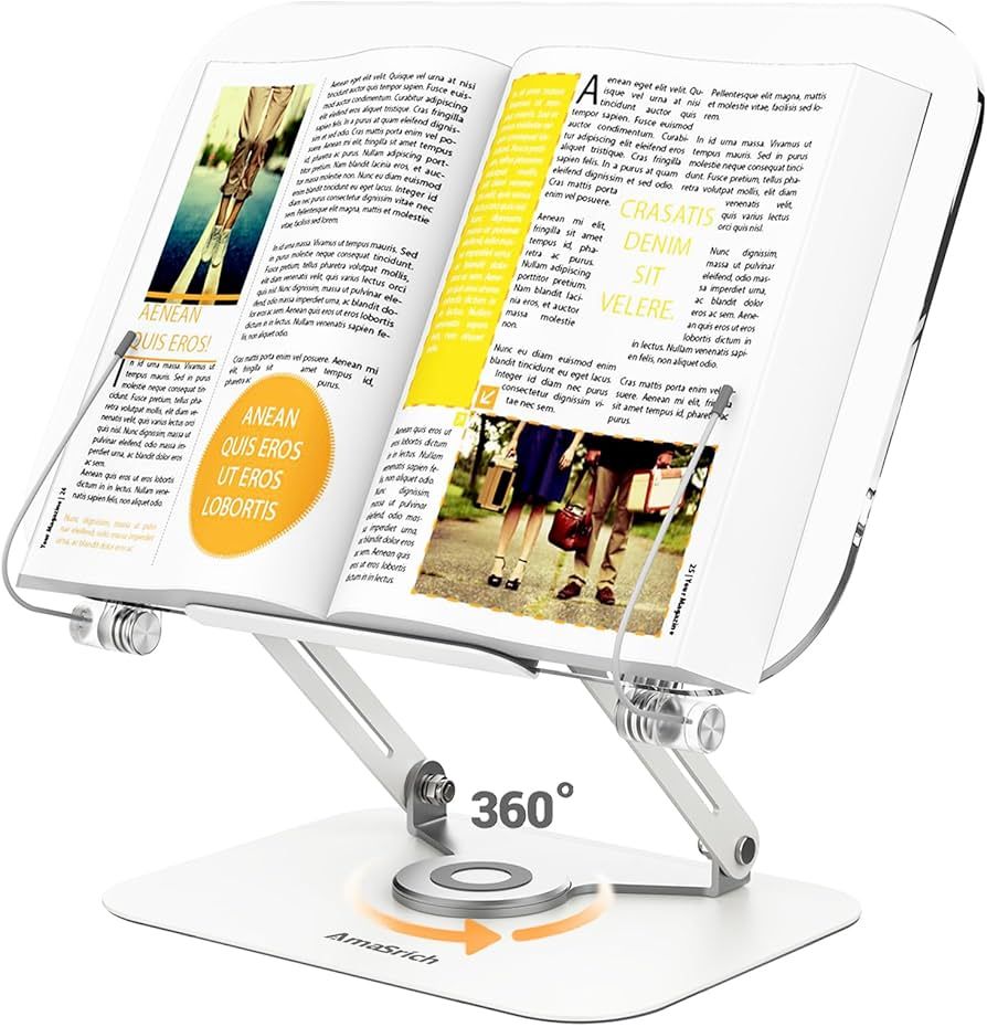 Amasrich Acrylic Book Stand for Reading, Adjustable Holder with 360° Rotating Base & Page Clips,... | Amazon (US)