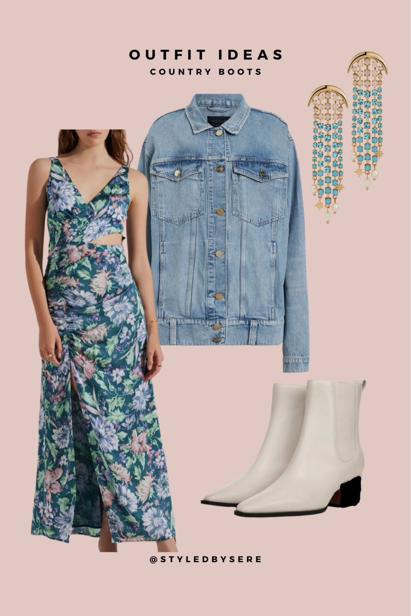Country Boots: Colorful florals
.

Bring some color to your world with a bright floral print dress. Pair with your sleek country booties. Add an oversized, light wash denim jacket and some color coordinating jewel earrings for a relaxed day sipping wine, a relaxed night out, or for a local country concert.

#LTKShoeCrush #LTKParties #LTKSummerSales