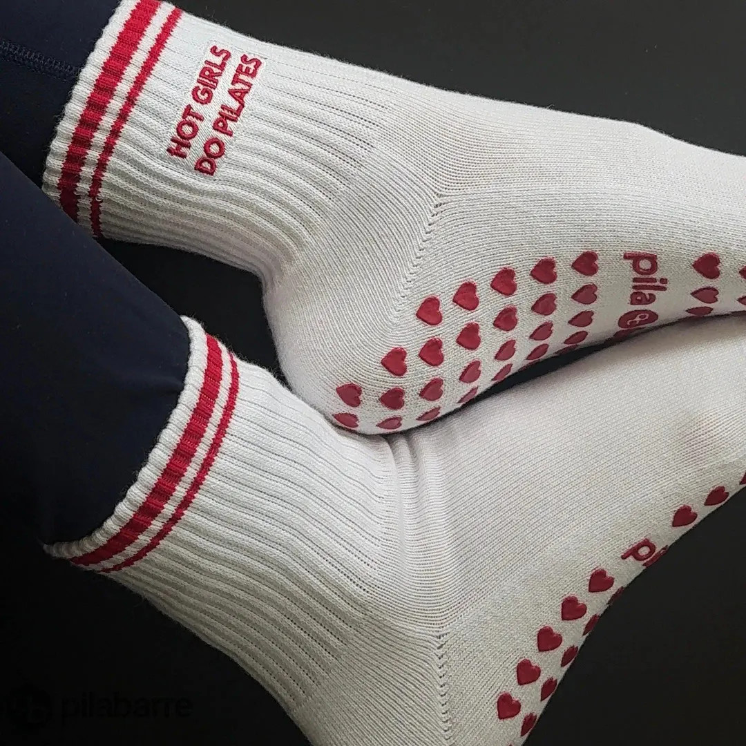 Hot Girls Do Pilates Grip Socks, White Red Stripe, Heart Grips - Etsy | Etsy (US)
