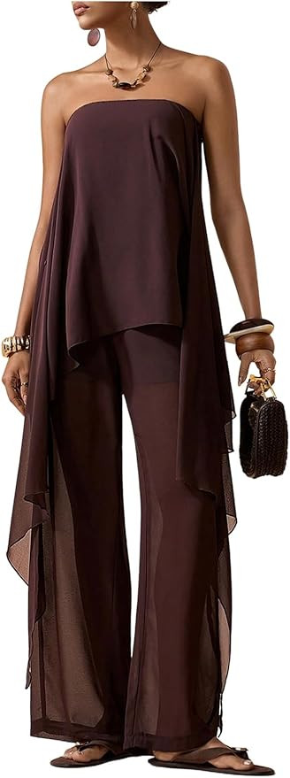 OYOANGLE Women's 2 Piece Outfits Strapless Asymmetrical Ruffle Flowy Top and Sheer Wide Leg Pants... | Amazon (US)