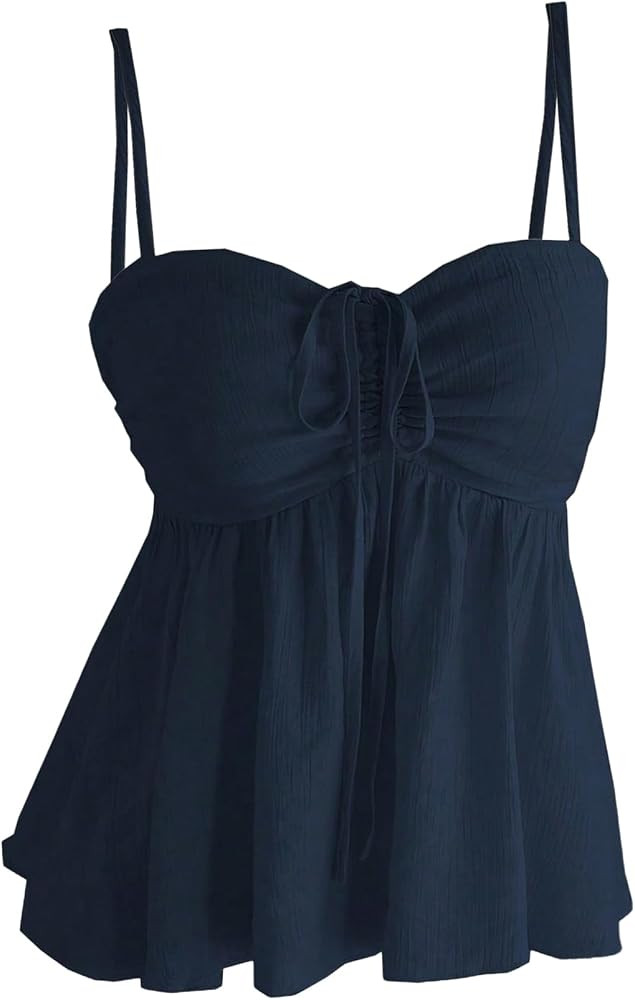 OYOANGLE Women's Spaghetti Strap Tank Top Tie Front Ruched Ruffle Peplum Tops Sleeveless Babydoll... | Amazon (US)