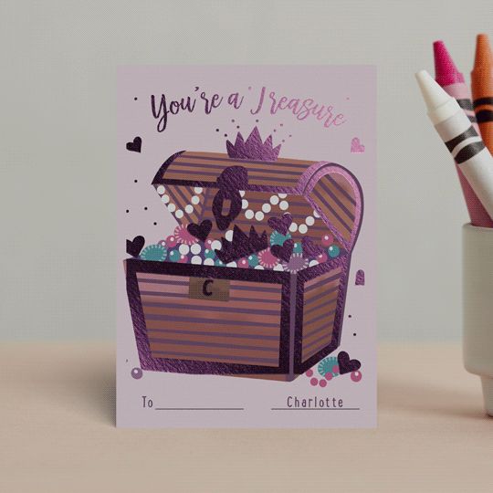 "You're A Treasure" - Customizable Foil Valentine Cards in Orange by Jennifer Holbrook. | Minted