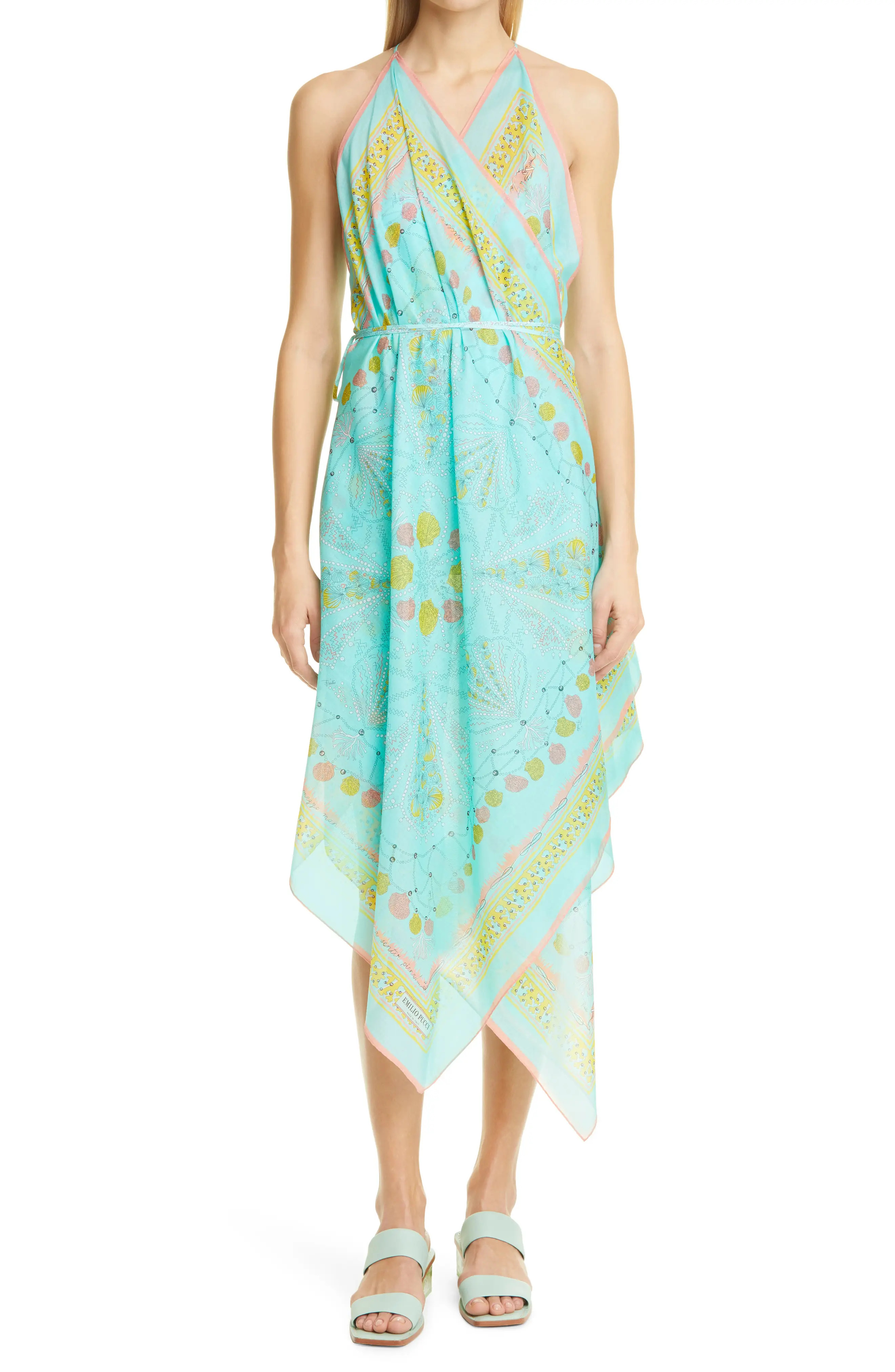 Emilio Pucci Conch Print Asymmetrical Cover-Up Scarf Dress in Turquoise at Nordstrom | Nordstrom