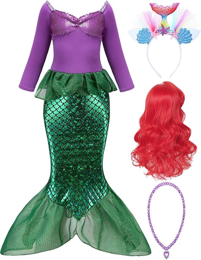 Oumbivil Little Mermaid Ariel Costume for Grils Halloween Costumes Princess Dress Cosplay with Wi... | Amazon (US)
