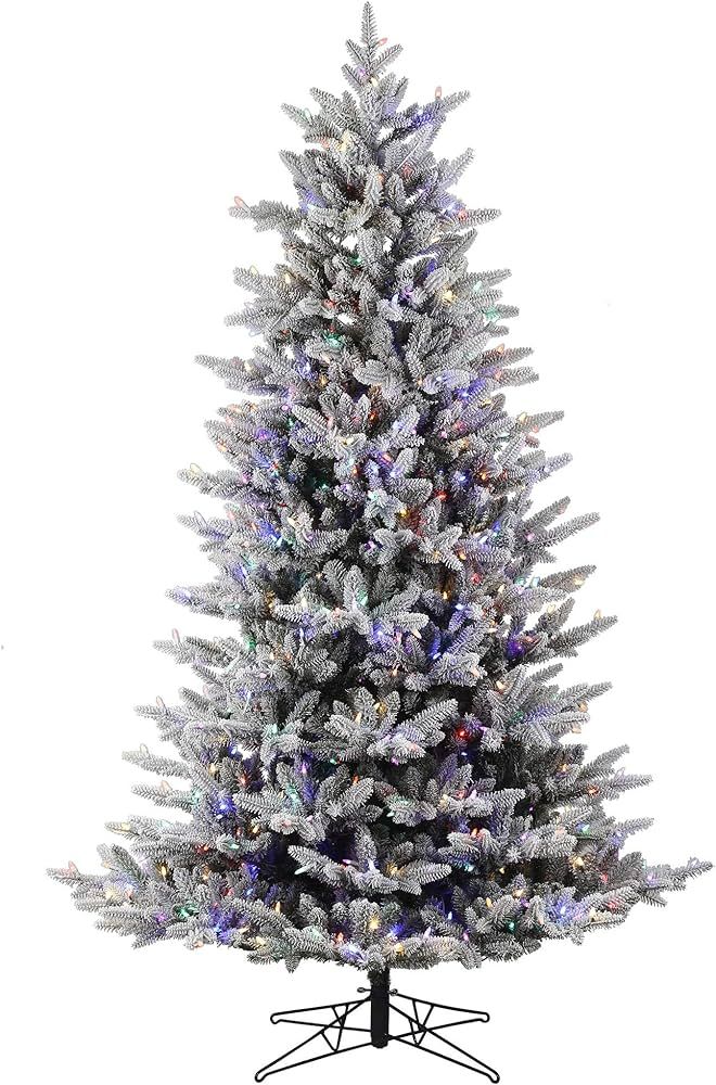 Vickerman 7.5' x 59" Flocked Aspen Fir Artificial Christmas Tree, Multi-colored LED Lights - Snow Co | Amazon (US)