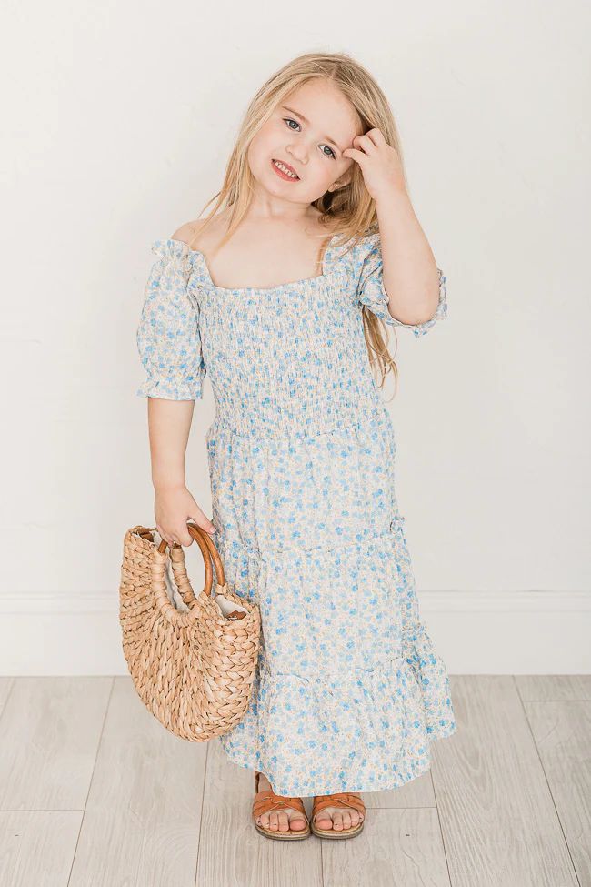 Lucky Timing Girls Blue Floral Puff Sleeve Midi Dress | Pink Lily