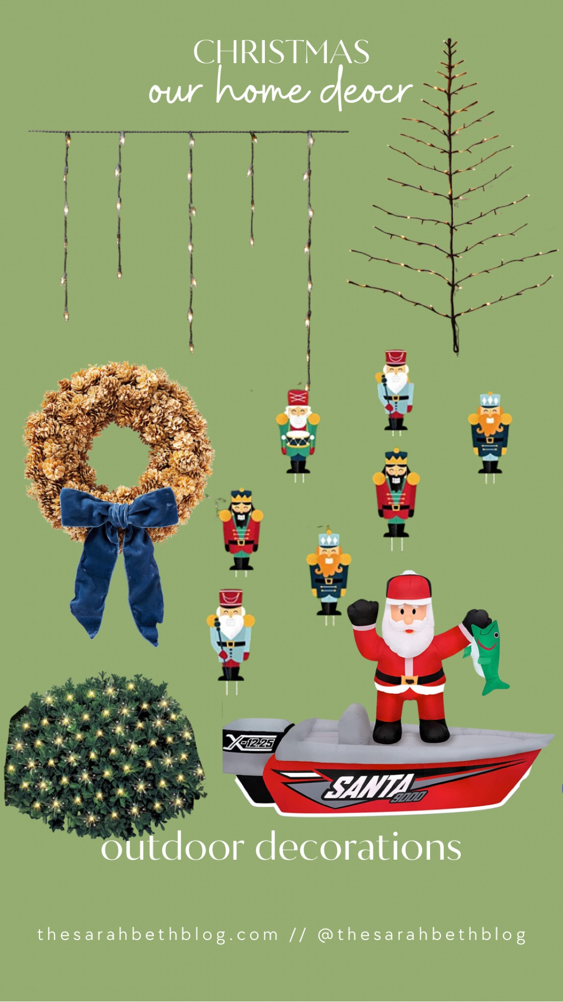 Christmas home decor outdoor decorations, Christmas lights, pinecone wreath, Nutcracker yard signs fishing Santa Claus 

#LTKhome #LTKHoliday #LTKSeasonal