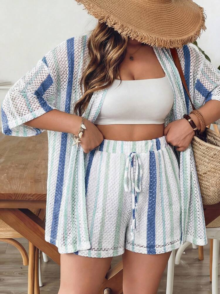 SHEIN VCAY Plus Size Women's Blue & White Striped Shirt And Shorts Knit 2 Pieces Set, Summer Vaca... | SHEIN