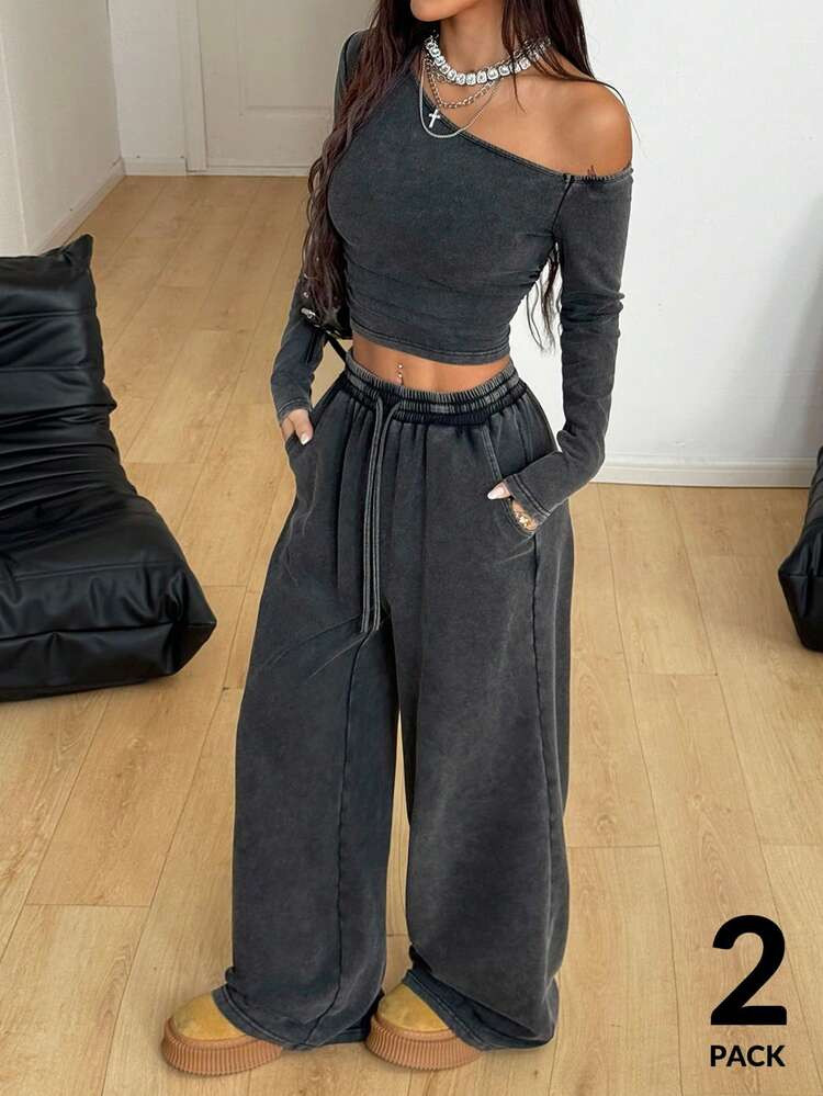 Coolane Women's Daily Wear Essentials Knit Stretchy Comfy Asymmetrical Neck Long Sleeve Tops And Wide Leg Sweatpants Tracksuit Two Pieces Outfits | SHEIN