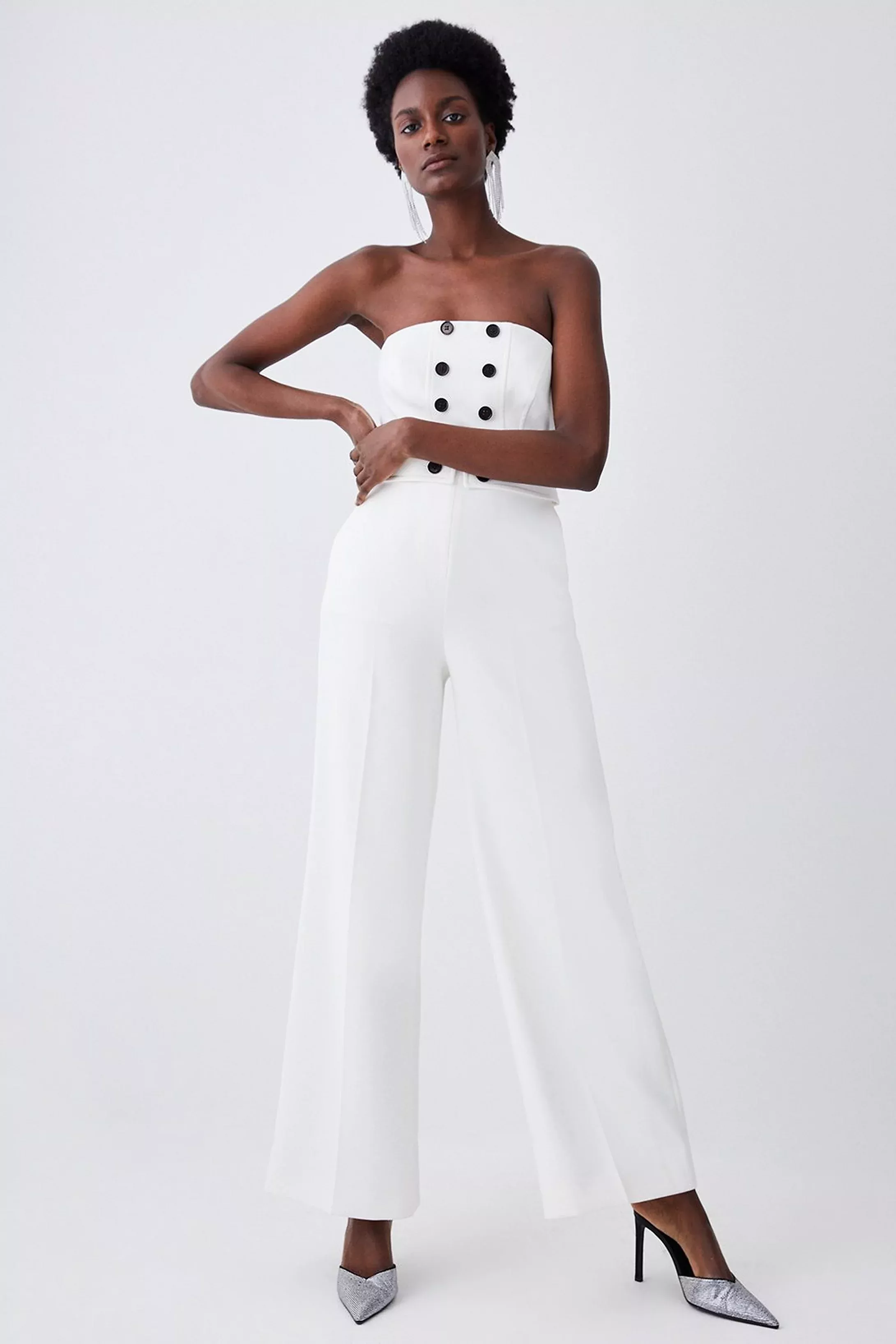 Compact Stretch Tux Bandeau Wide Leg Jumpsuit