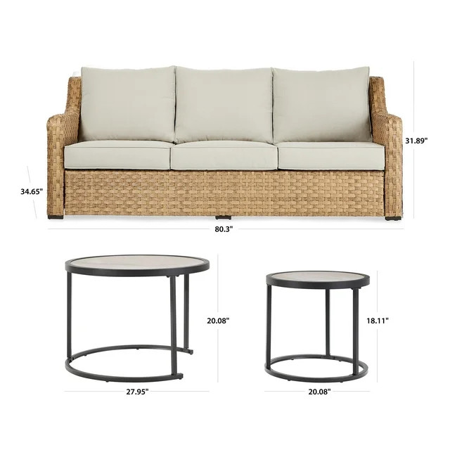 Better Homes & Gardens River Oaks Outdoor Sofa & 2 Nesting Tables with Patio Cover, Natural | Walmart (US)