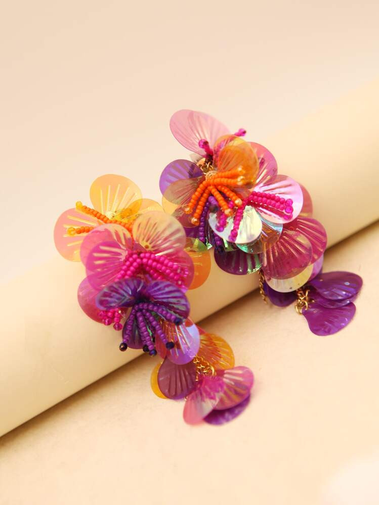 Handmade Colorful Shiny Sequin Shell Beaded Flower Drop Earrings, Eye-Catching And Dazzling, A Perfect Summer Beach Holiday Gift For Girls And Women | SHEIN