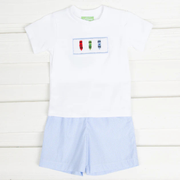 Crayon Smocked Boy Short Set Light Blue Gingham | Classic Whimsy