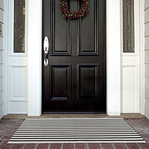 Amazon.com: Black/White Outdoor Rug Runner 24'' x 51'', Collive Cotton Woven Striped Front Doorma... | Amazon (US)