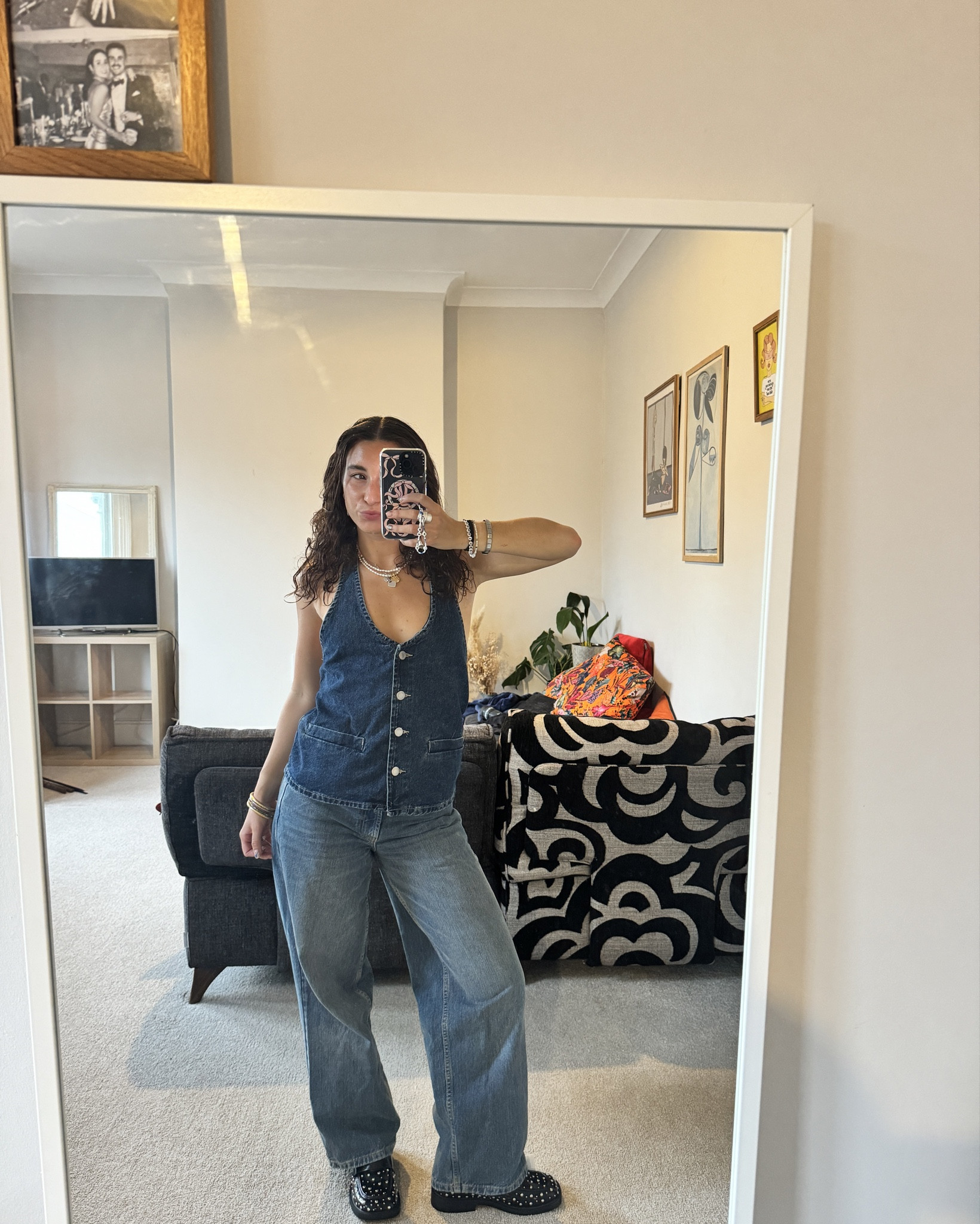 Double denim fun cutie outfit with gem stone loafers / sparkly loafers 