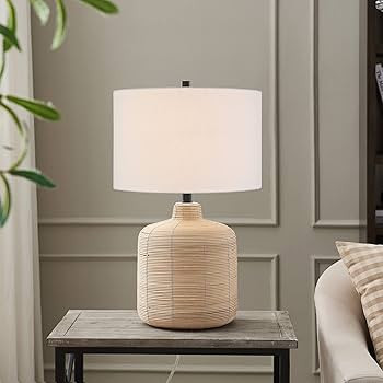 Henn&Hart 20.5" Tall Petite/Rattan Table Lamp with Fabric Shade in Natural Rattan/Brass/White, La... | Amazon (US)