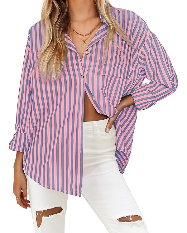 HOTOUCH Women's Striped Button Down Shirts Casual Long Sleeve Boyfriend Loose Collared Blouses To... | Amazon (US)