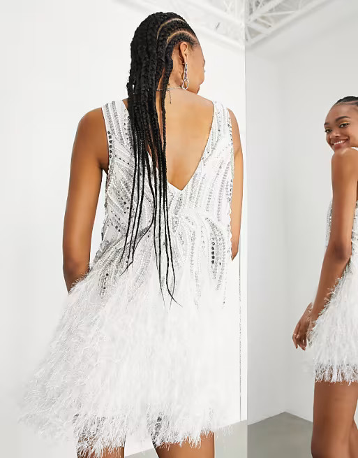 ASOS EDITION crystal and bead mini dress with feather hem in white | ASOS (Global)