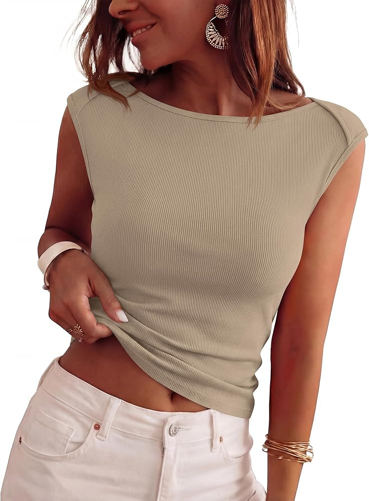 BTFBM Women's Ribbed Tank Tops 2026 Summer Cap Sleeve Boat Neck Slim Fitted Knit Basic Casual Tee... | Amazon (US)